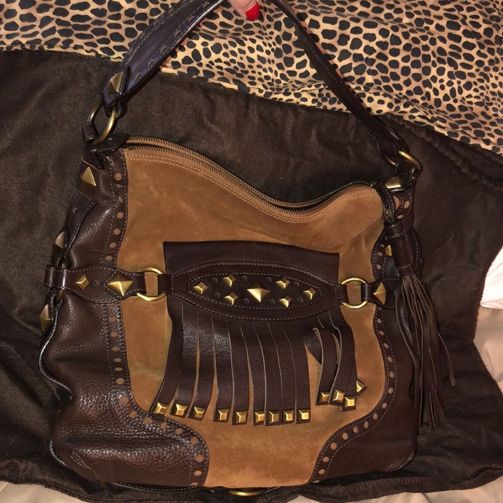Micheal Kors size X- large brown suede bag brass studded leather fringe - Picture 8 of 16
